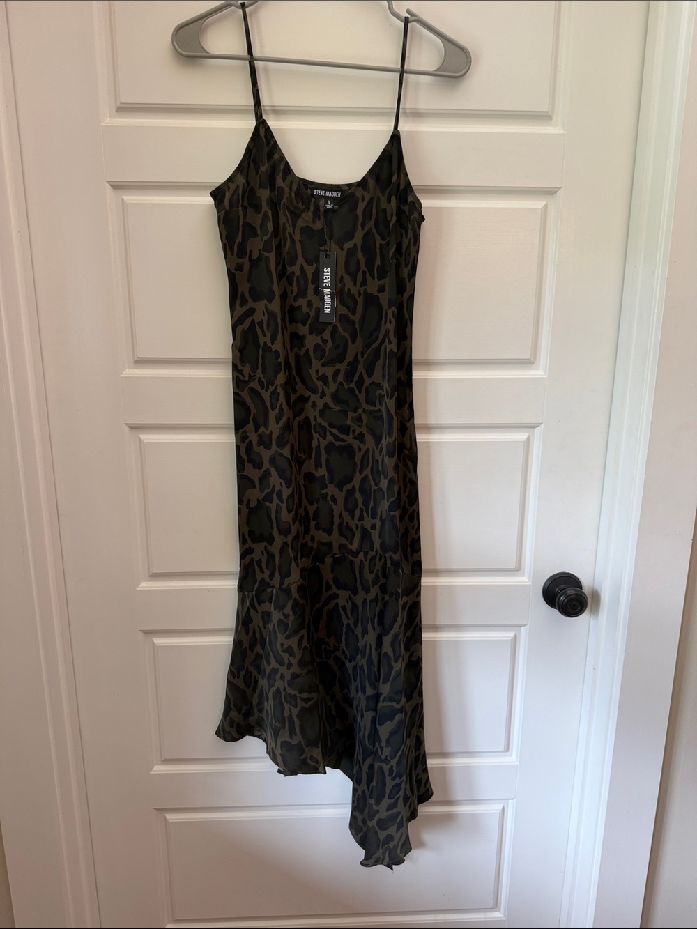 Steve Madden Olive Green and Black Leopard Asymmetrical Slip Dress